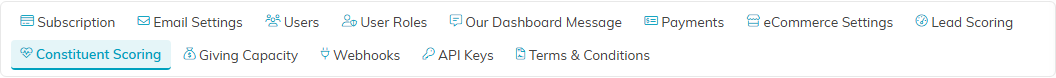 The Subscription Settings menu bar showing Email Settings, Lead Scoring, Constituent Scoring and Giving Capacity