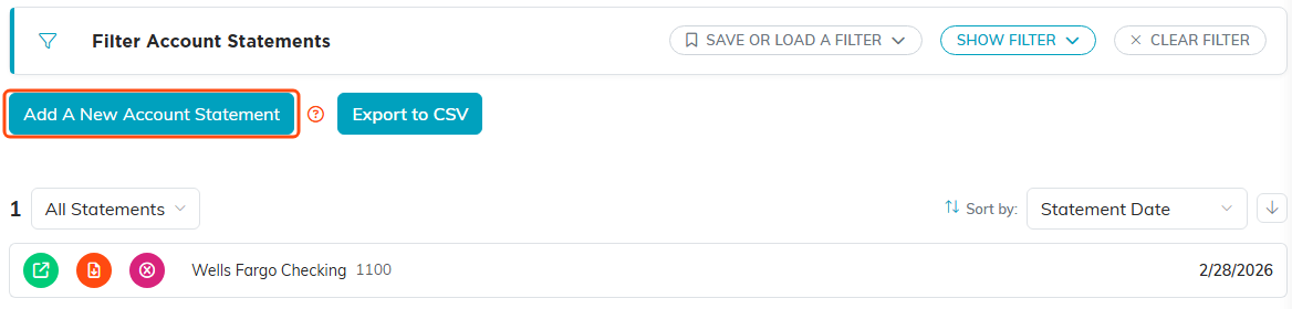 The Account Statements list with the Add A New Account Statement button highlighted