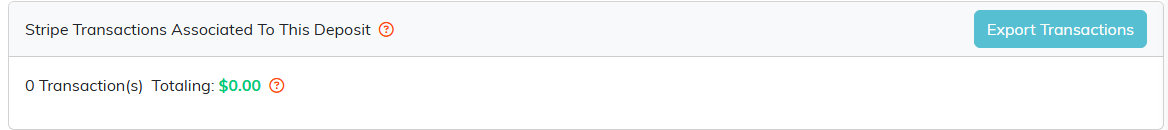 The Stripe Transactions page for a deposit with the Export Transactions button