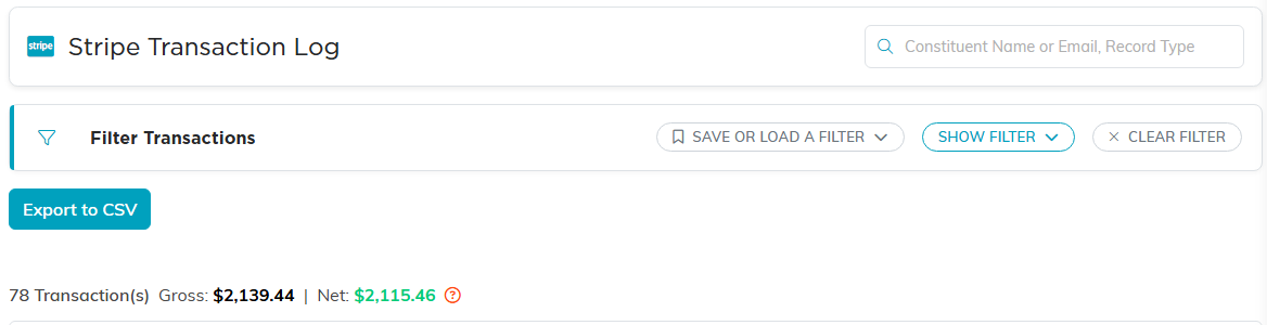 The Stripe Transaction Log with its search, filter, export and running totals