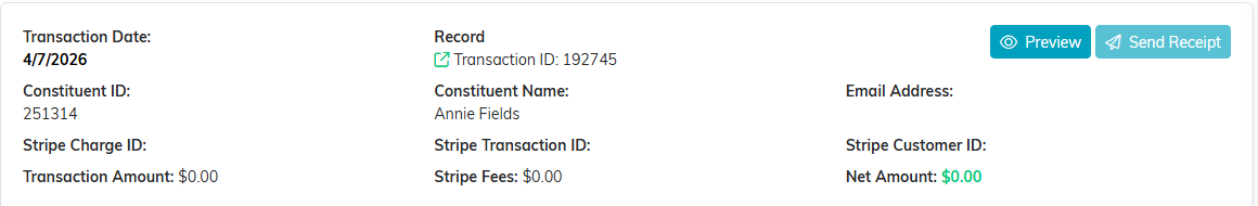A Stripe Transaction Log row showing transaction amount, Stripe fees and net amount