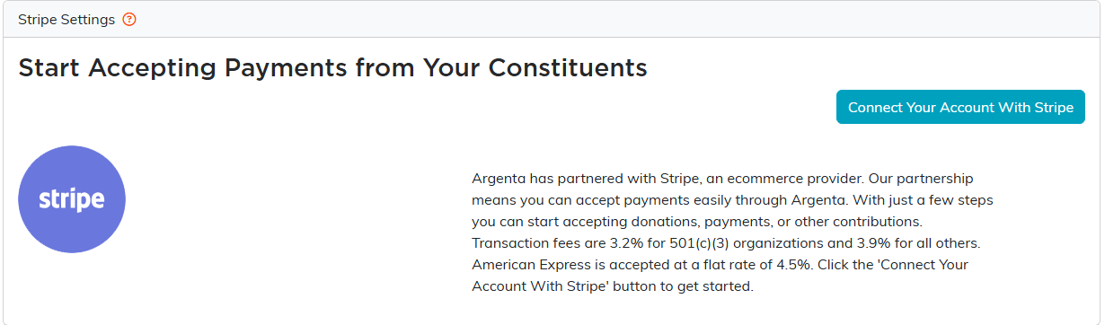 The Stripe Settings card with the Connect Your Account With Stripe button