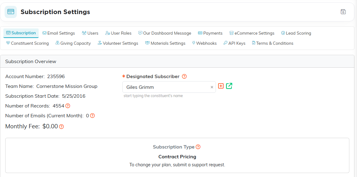 The Subscription Overview card with the account number, team name, subscription start date, number of records, number of emails this month, monthly fee, the Designated Subscriber field, and the Subscription Type