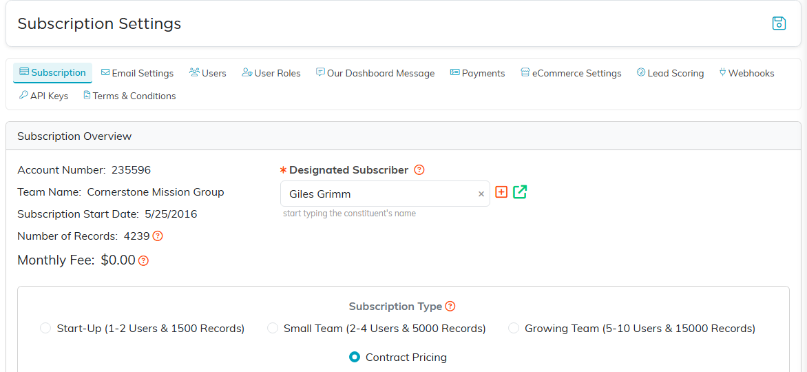 The Subscription Overview page showing account number, team name, start date, number of records, monthly fee and the subscription type choices