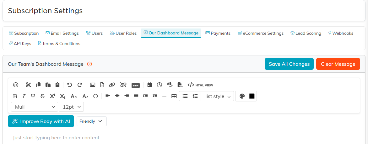 Our Team's Dashboard Message with a content editor, a Save All Changes button and a Clear Message button