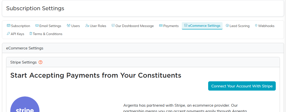 eCommerce Settings showing the Stripe panel with a Connect Your Account With Stripe button