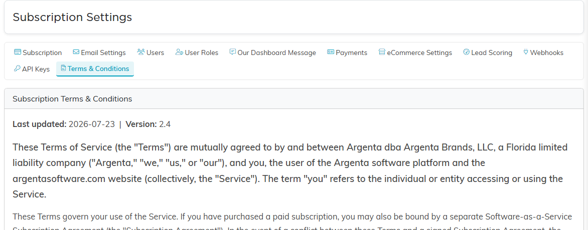 The Subscription Terms and Conditions page showing the last updated date, a version number and the terms text