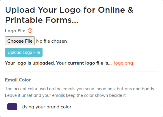 The logo and email color card on the Subscription Overview page, showing the Email Color square with the label Using your brand color beside it