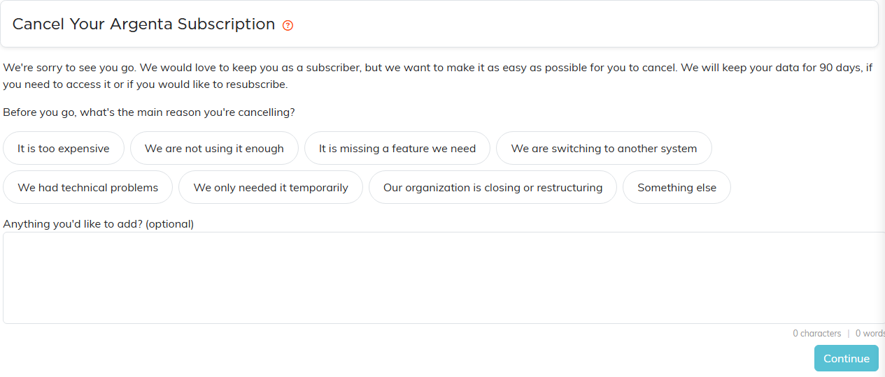 The first cancellation screen with the eight reasons to choose from, an optional comment box, and a Continue button