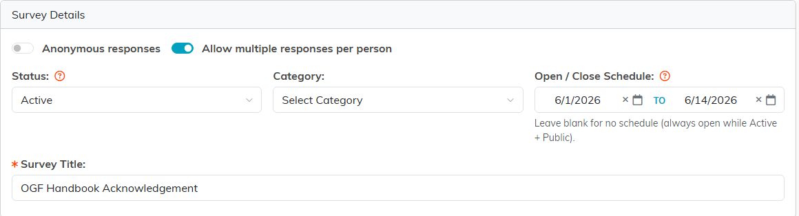 The Survey Details card with status, category, schedule and the two response switches