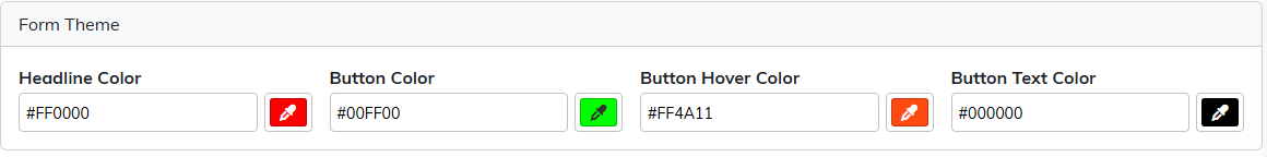 The Form Theme color fields for headline, button, hover and button text