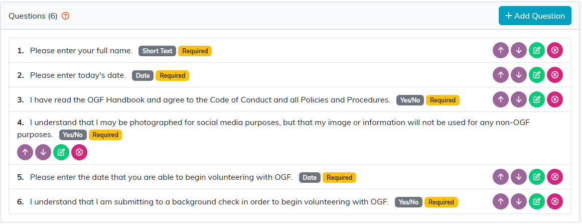 The Questions tab listing each question with its type and required pill