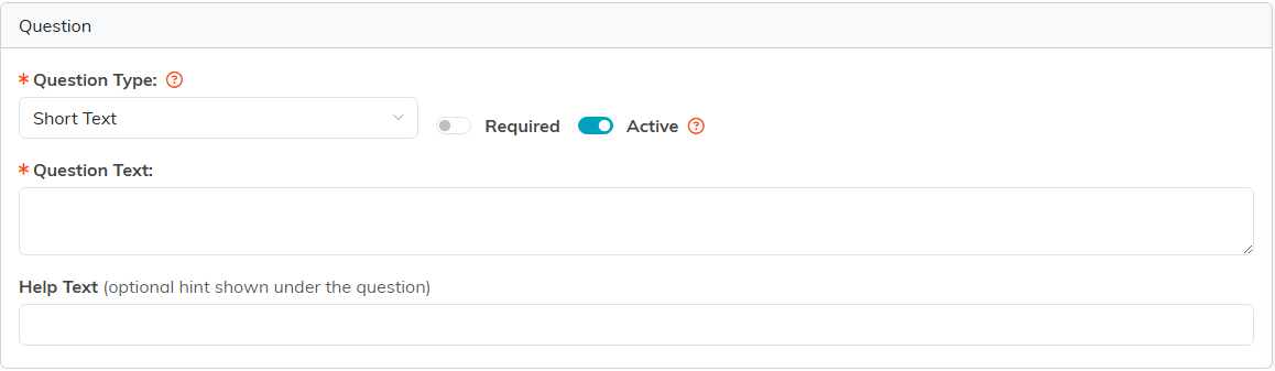 The Add Question form with the question type dropdown, required and active switches