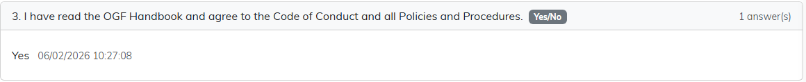 A yes/no question card on the results tab listing the answer and its date
