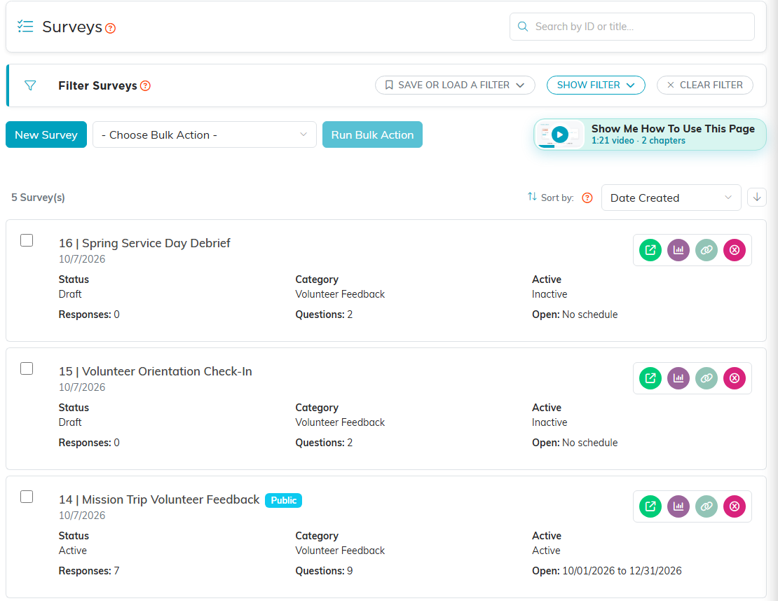 The Survey List showing its three newest surveys with their status, category, responses, questions and schedule
