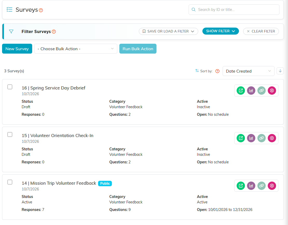 The Survey List showing three surveys with their status, category, responses, questions and schedule
