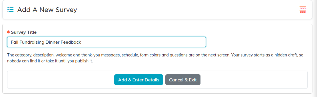 The Add A New Survey screen with a survey title typed in