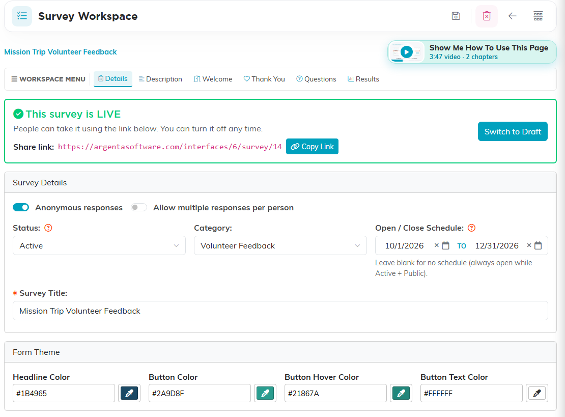 The Survey Workspace Details tab with the live banner, the Survey Details card and the Form Theme colors