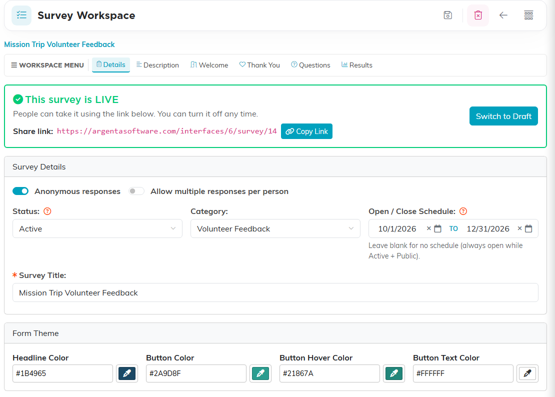The Survey Workspace Details tab with the live banner, the Survey Details card and the Form Theme colors