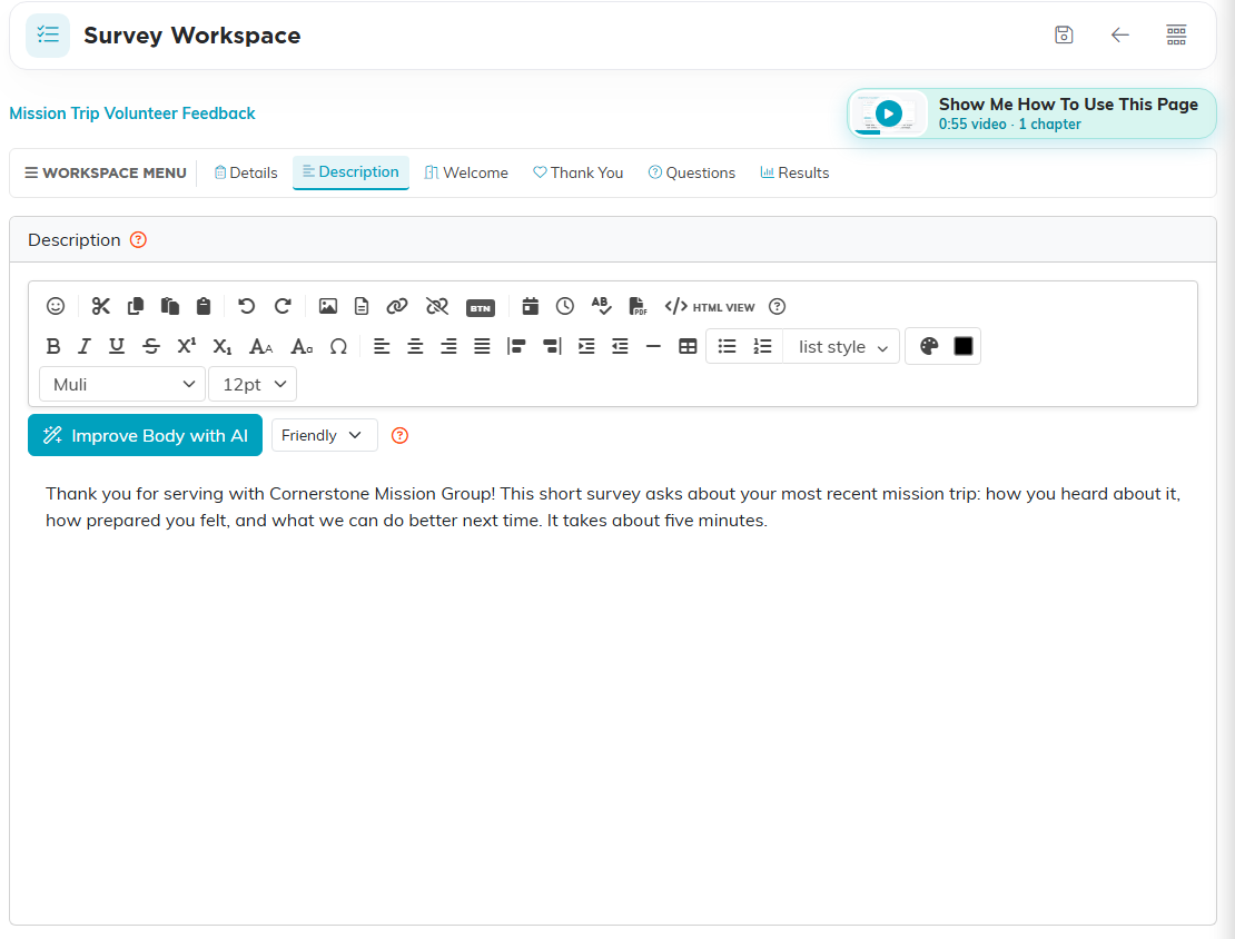 The Description tab with the editor and the survey's introduction