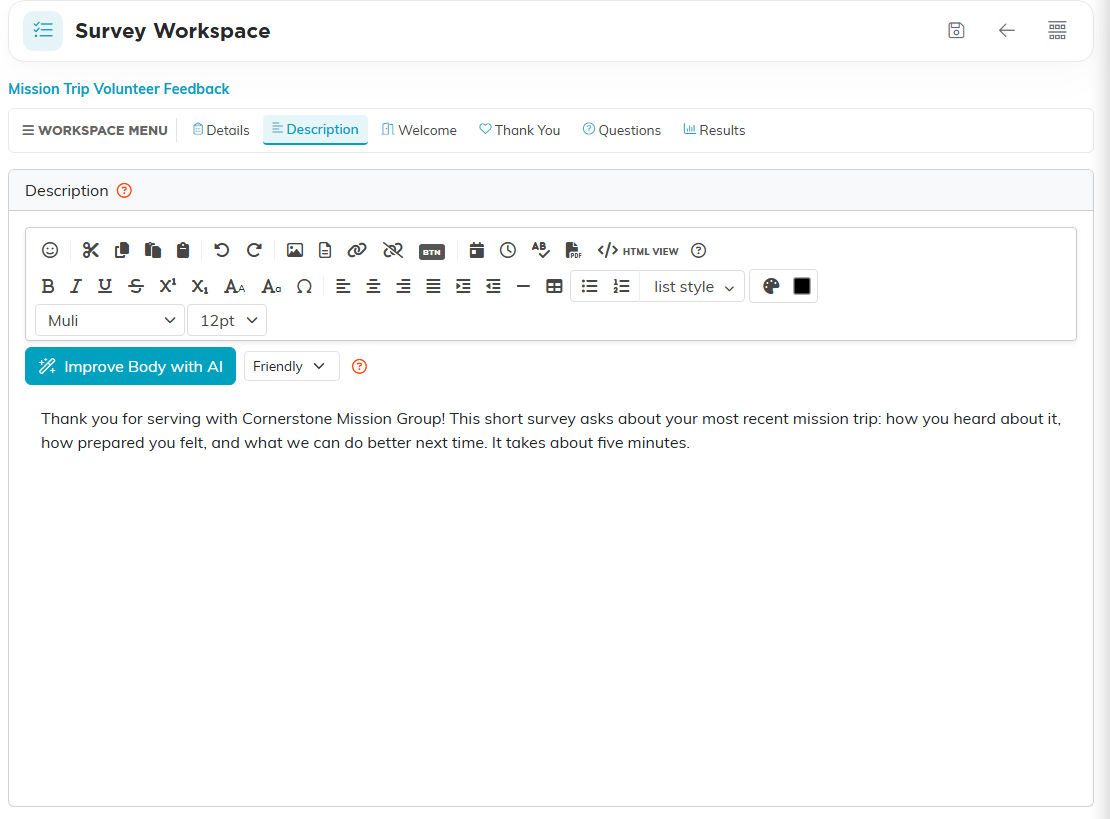 The Description tab with the editor and the survey's introduction