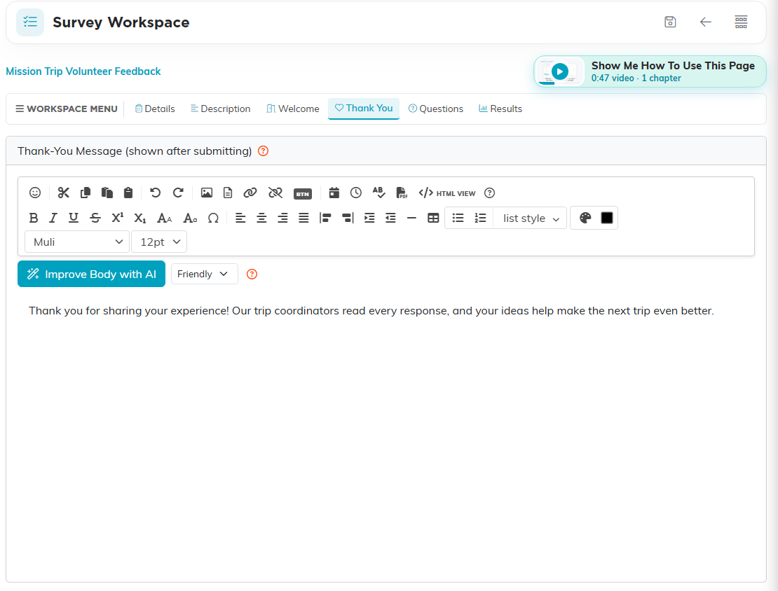 The Thank You tab with the editor and the thank-you message