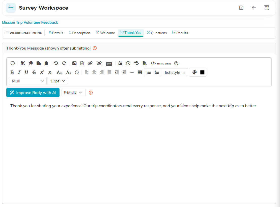 The Thank You tab with the editor and the thank-you message