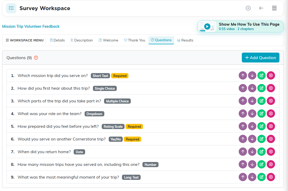 The Questions tab listing nine questions, one of each type