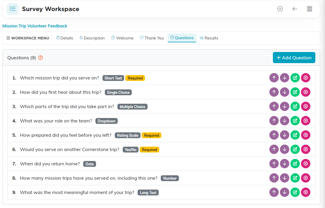 The Questions tab listing nine questions, one of each type