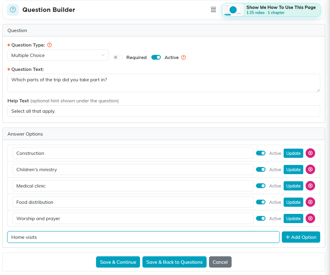 The Question Builder for a multiple choice question with its help text and five answer options