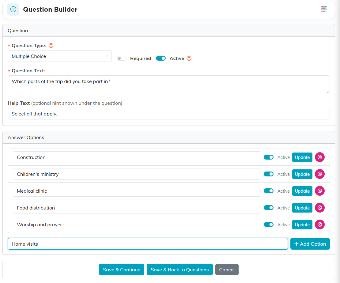 The Question Builder for a multiple choice question with its help text and five answer options
