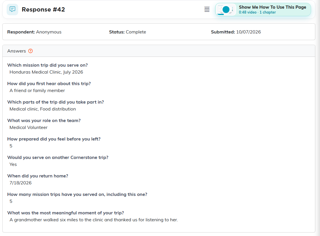 A single survey response showing each question and its answer