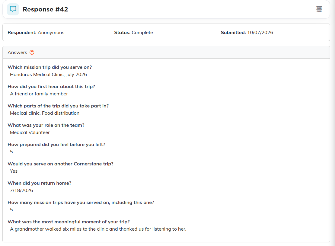 A single survey response showing each question and its answer