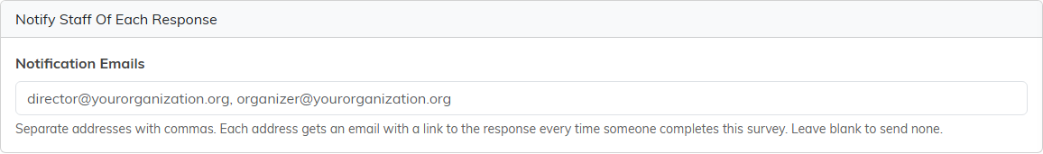 The Notify Staff Of Each Response card on the Details tab with the Notification Emails box