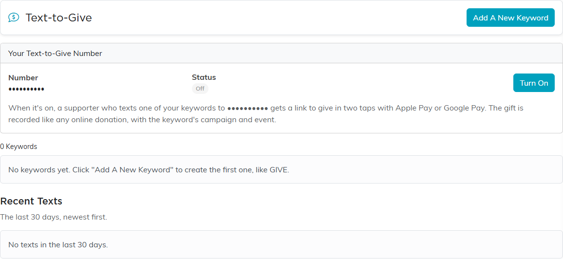 The Text-to-Give page with the Your Text-to-Give Number card, the keyword list and Recent Texts
