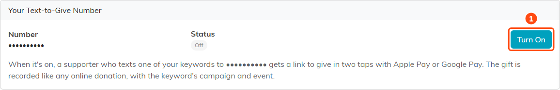 The Your Text-to-Give Number card with the number hidden, Status Off, and the Turn On button outlined