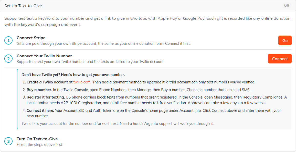 The Set Up Text-to-Give card with three numbered steps, Connect Stripe with a Go button, Connect Your Twilio Number with a Connect button and a guide to getting a Twilio number, and Turn On Text-to-Give