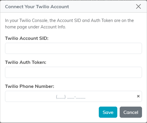The Connect Your Twilio Account window with Twilio Account SID, Twilio Auth Token and Twilio Phone Number, and Save and Cancel buttons