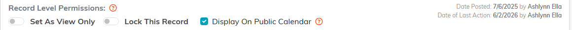 The record permission switches with the Display On Public Calendar checkbox