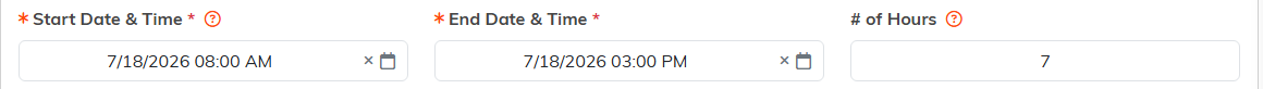 The Start Date and Time, End Date and Time, and number of hours fields