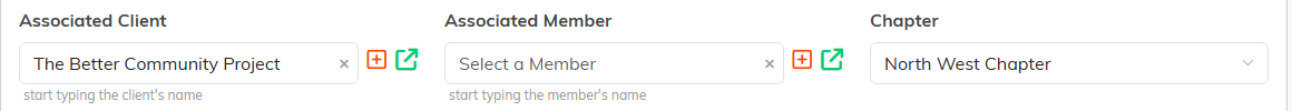 The Associated Client, Associated Member and Chapter fields