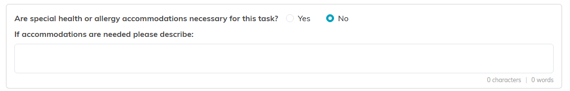 The health and allergy accommodations question with a description field
