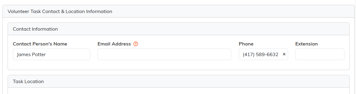 The Contact and Location page with the contact person's name, email and phone
