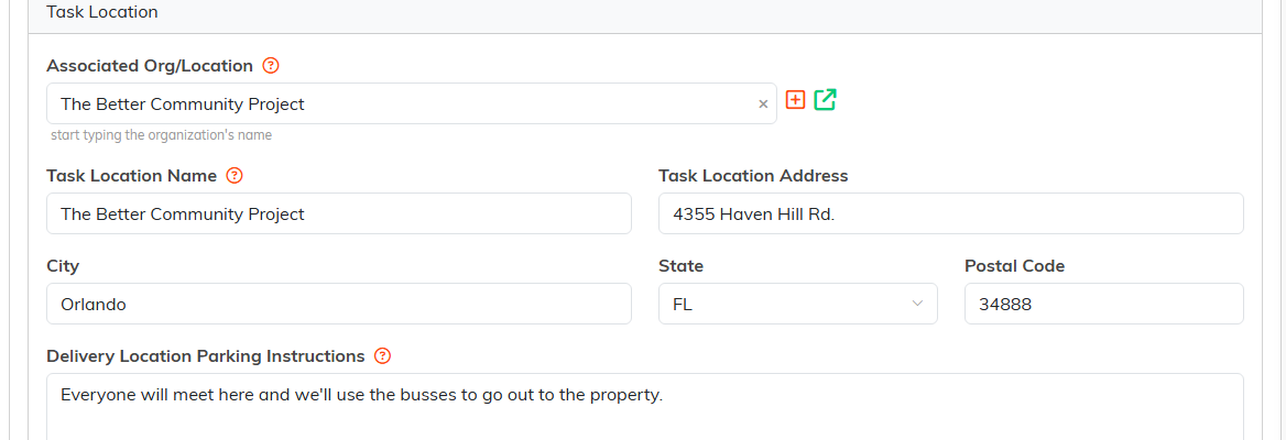 The Task Location section with the associated organization and address fields