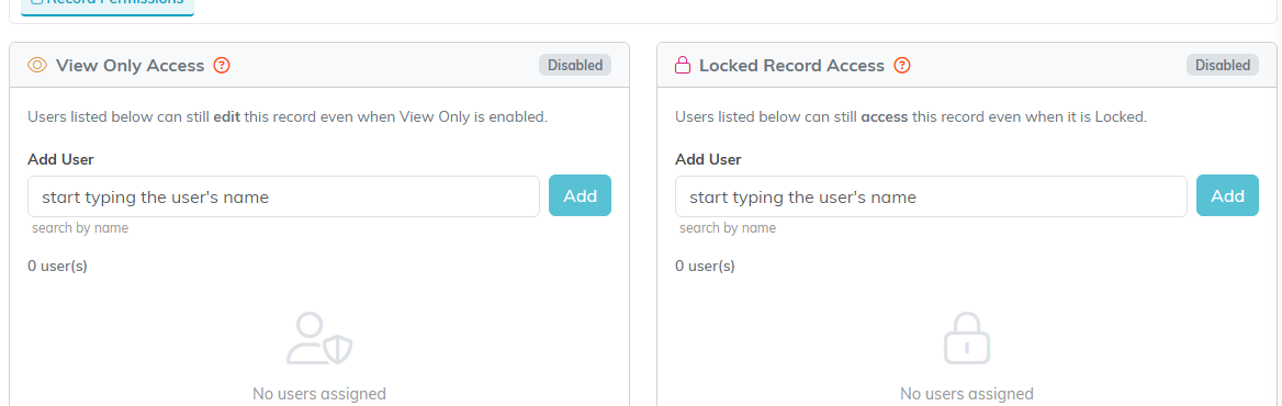 The View Only Access and Locked Record Access panels on the task