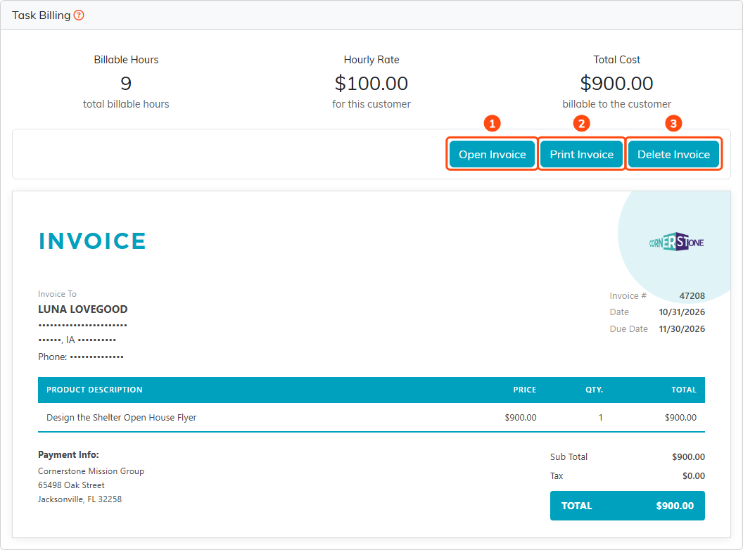 Task Billing for the shelter flyer task showing 9 billable hours at 100 dollars an hour for a 900 dollar total, the invoice to Luna Lovegood below it, and the Open Invoice, Print Invoice, and Delete Invoice buttons marked 1, 2, and 3