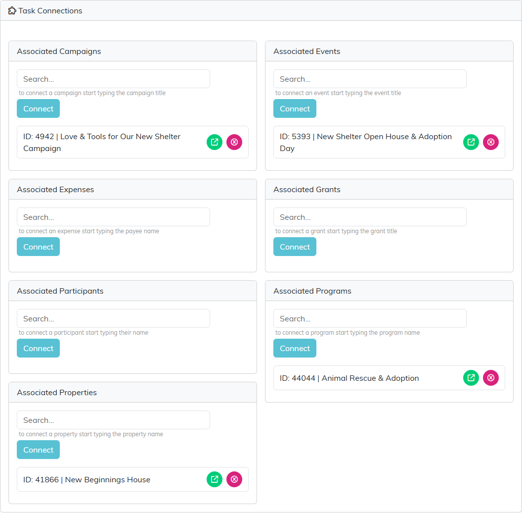 The Task Connections page for the shelter flyer task with seven panels; a campaign, an event, a program, and a property are connected, each with green open and pink remove icons