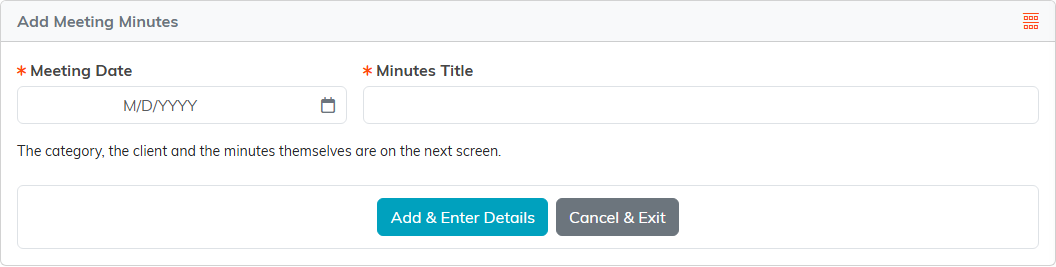 The Add Meeting Minutes form with required Meeting Date and Minutes Title fields and the Add and Enter Details and Cancel and Exit buttons