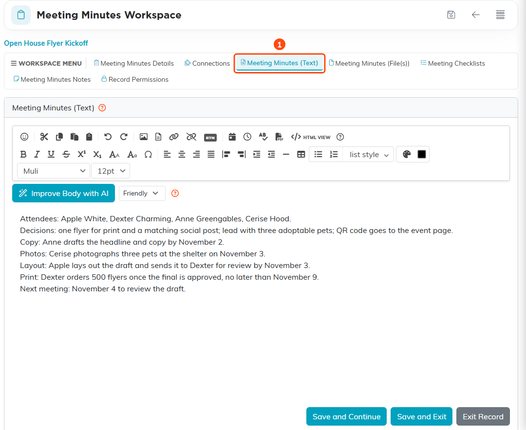 The Meeting Minutes Workspace for Open House Flyer Kickoff with Meeting Minutes (Text) marked 1 in the workspace menu and the minutes listing attendees, decisions, and dates in the editor