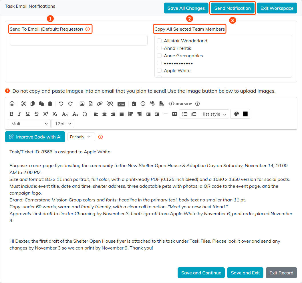 The Task Email Notifications page for the shelter flyer task with Send To Email marked 1, the Copy All Selected Team Members list marked 2, Send Notification marked 3, and a message to Dexter about the first draft in the editor